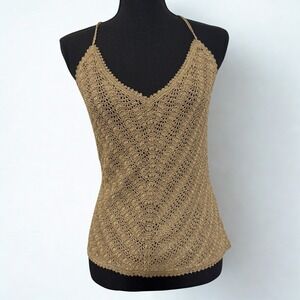 J. Crew Metallic Gold Shimmer Crochet Knit Halter Tank Top Women's Size L Boho